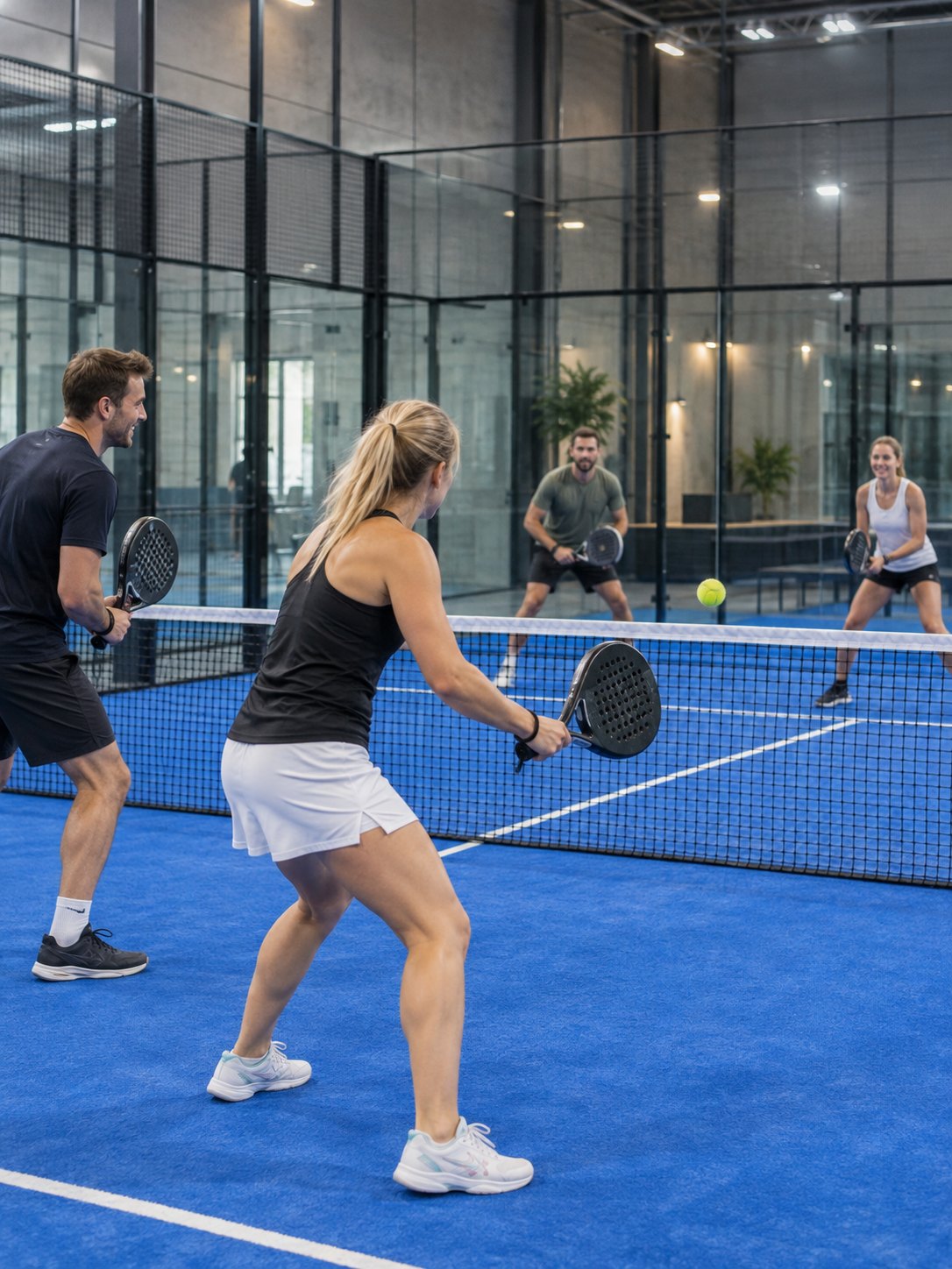 Fire personer spiller padel på en innendørsbane